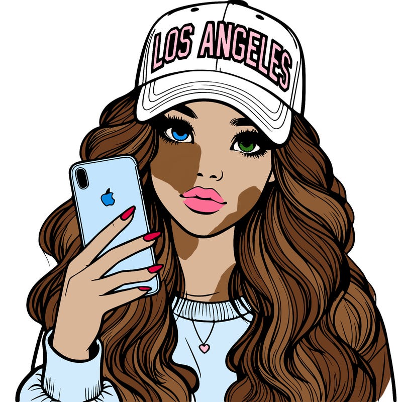 realistic beautiful girl wearing los ángeles cap holding an iphone