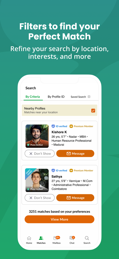 Tamil Matrimony app search results screen showing ID verified profile matches with filters for community and profession.