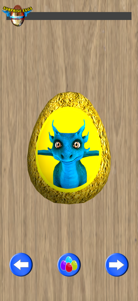 Surprise Eggs for Boys & Girls - Um personagem fofo de dragão azul dentro de um ovo surpresa dourado.