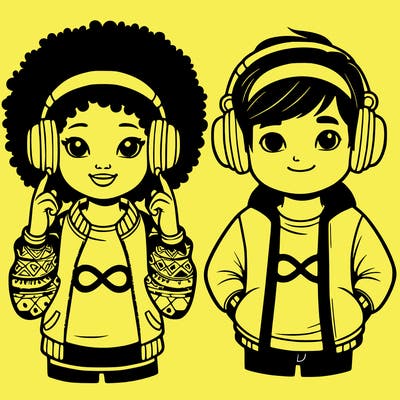an afroamerican girl with headphones and a boy with headphones, they have an ♾️ symbol on their shirt