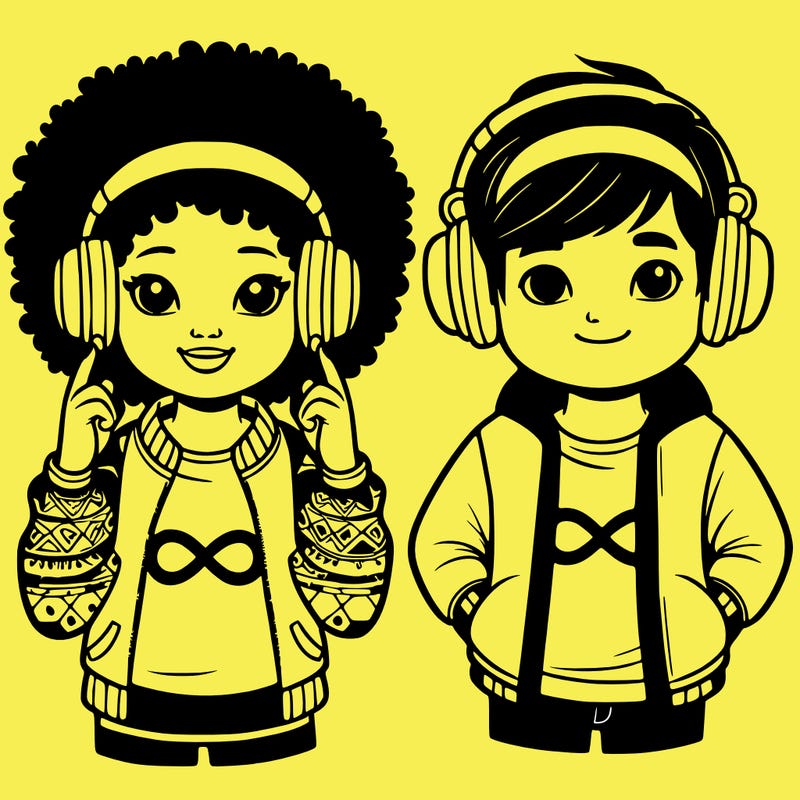 an afroamerican girl with headphones and a boy with headphones, they have an ♾️ symbol on their shirt