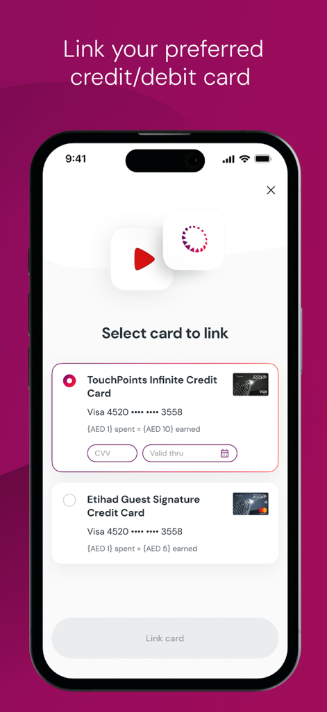 TouchPoints – Loyalty App - Interfaz móvil que muestra la opción de seleccionar y vincular una tarjeta de crédito o débito preferida dentro de la aplicación de lealtad TouchPoints.