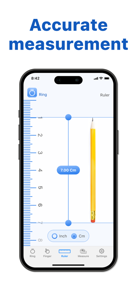 Ring Sizer - Ring Fing - Pantalla de smartphone mostrando la función de regla digital de la aplicación Ring Fing midiendo un lápiz amarillo en centímetros