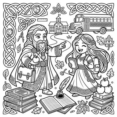 Discover a truly enchanting coloring page where ancient Celtic Gods embrace the spirit of "Back to School." Immerse yourself in a scene filled with mystical figures, school buses, books, and classic Celtic knotwork.