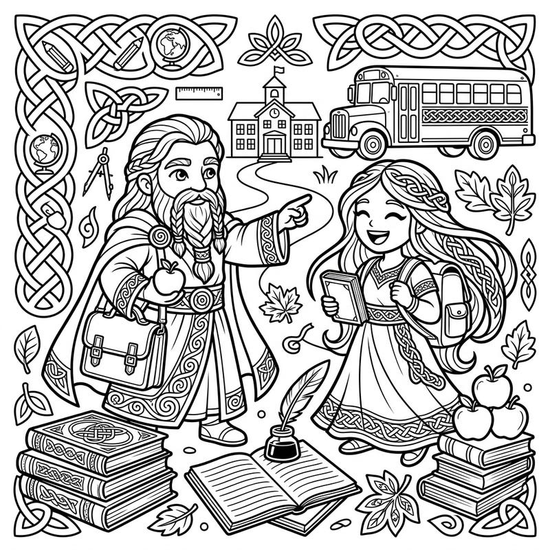 Discover a truly enchanting coloring page where ancient Celtic Gods embrace the spirit of "Back to School." Immerse yourself in a scene filled with mystical figures, school buses, books, and classic Celtic knotwork.
