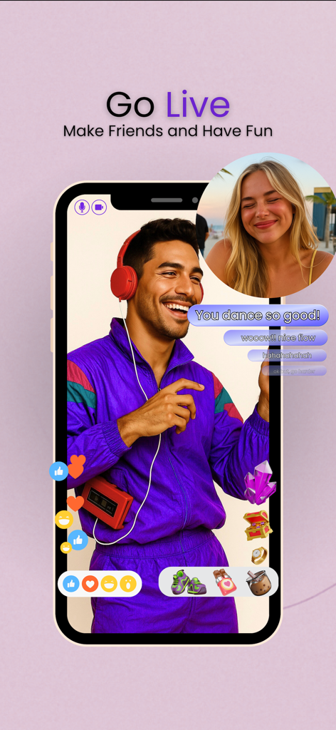 Un hombre transmitiendo en vivo en la aplicación Chatty con mensajes de chat en tiempo real y emojis interactivos