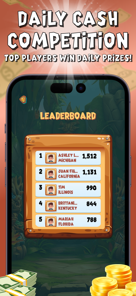 Screenshot of the Coinnect Pro app showing the daily cash competition leaderboard with top players and scores.