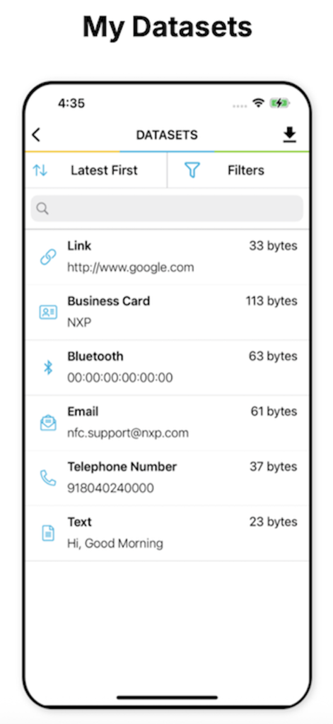 Screenshot of the My Datasets screen in the NFC TagWriter by NXP app showing a list of saved records like links and business cards