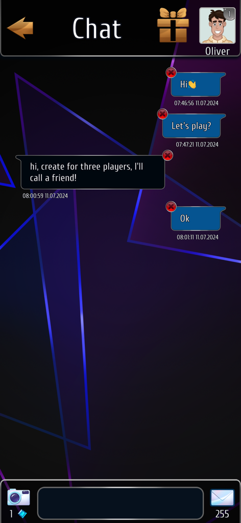 Tela de chat no aplicativo do jogo de cartas Bluff Online mostrando jogadores enviando mensagens para organizar uma partida