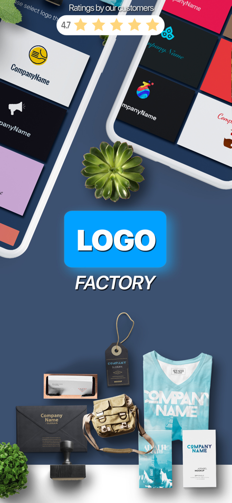 AI Logo Maker app interface showing branding designs on a t-shirt business cards and smartphone screens