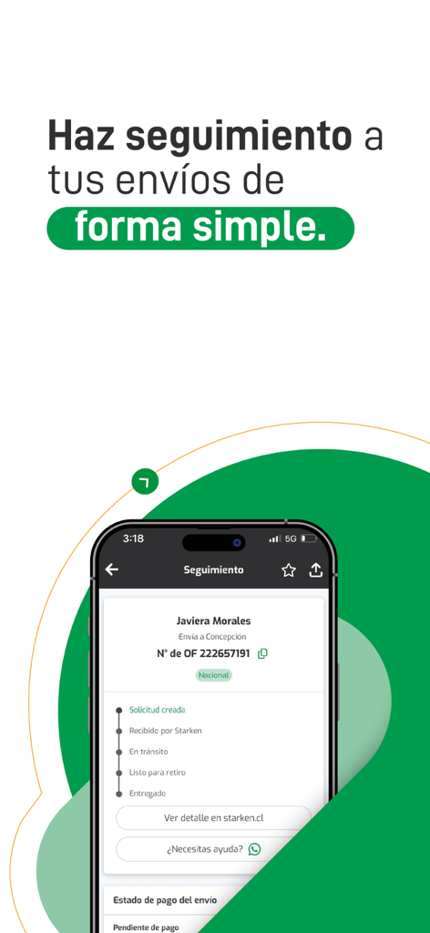 Starken - Teléfono inteligente mostrando la pantalla de seguimiento de la aplicación Starken con una línea de tiempo del progreso de la entrega.