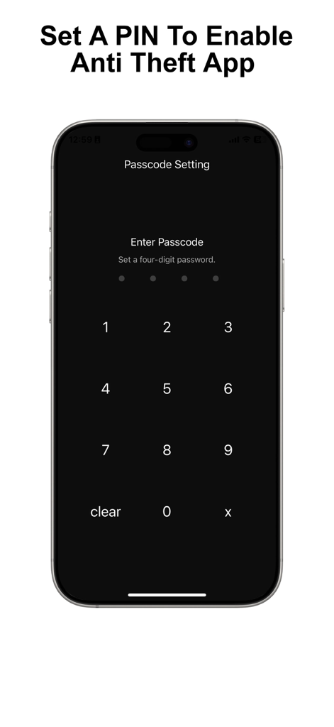 Anti Theft Alarm:SecurityAlarm - Interface para definir um PIN de segurança de quatro dígitos no aplicativo Alarme Antifurto