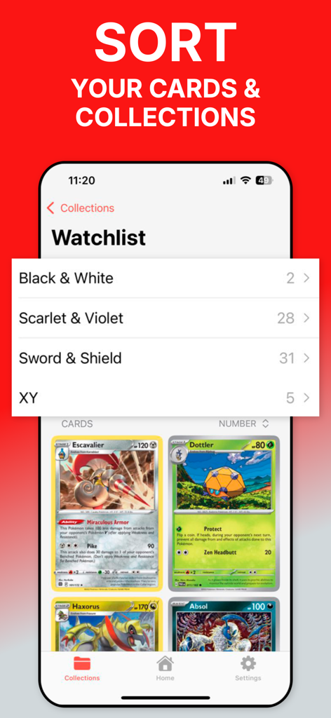 Card Value Scanner－Pokemon TCG - Interface of the Card Value Scanner app showing Pokémon cards sorted by set series