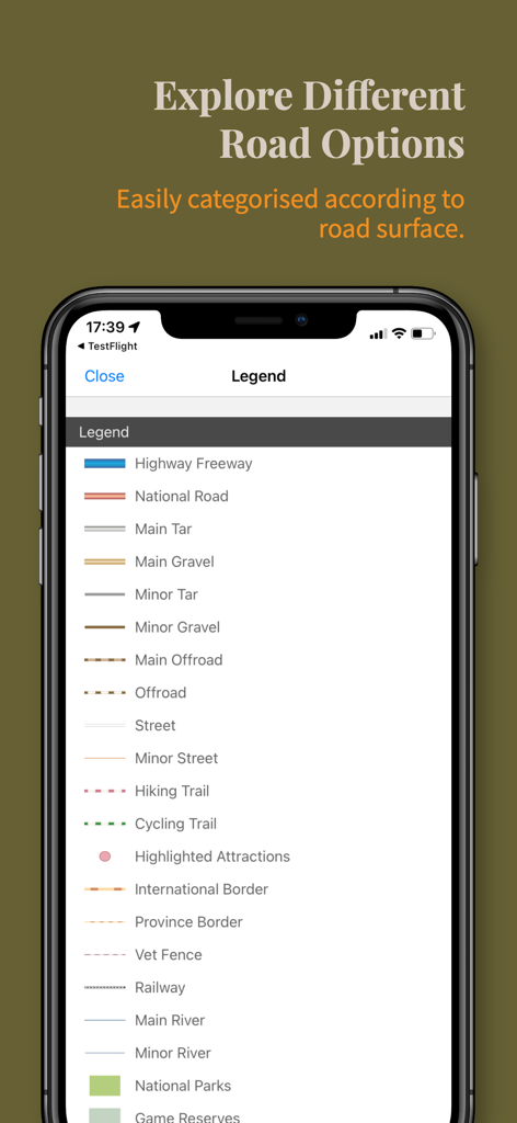 Tracks4Africa Guide - Legenda do mapa Tracks4Africa a exibir categorias para diferentes tipos de estradas e trilhos de caminhada.