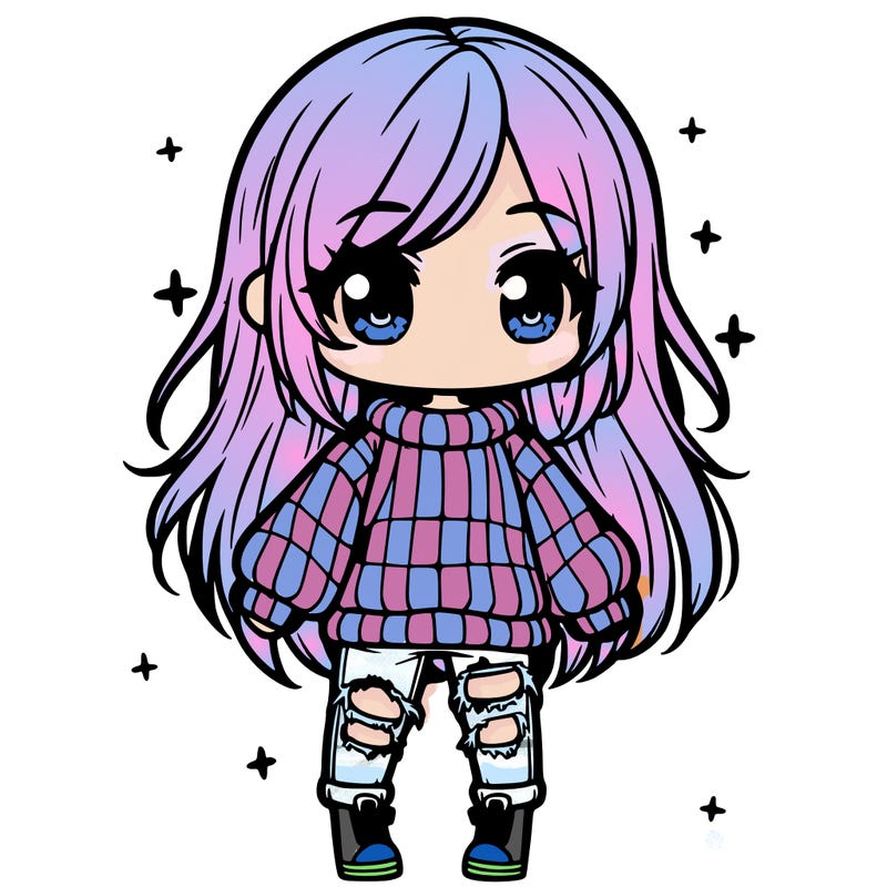 chibi girl with ripped jeans,long hair, and an oversized sweater