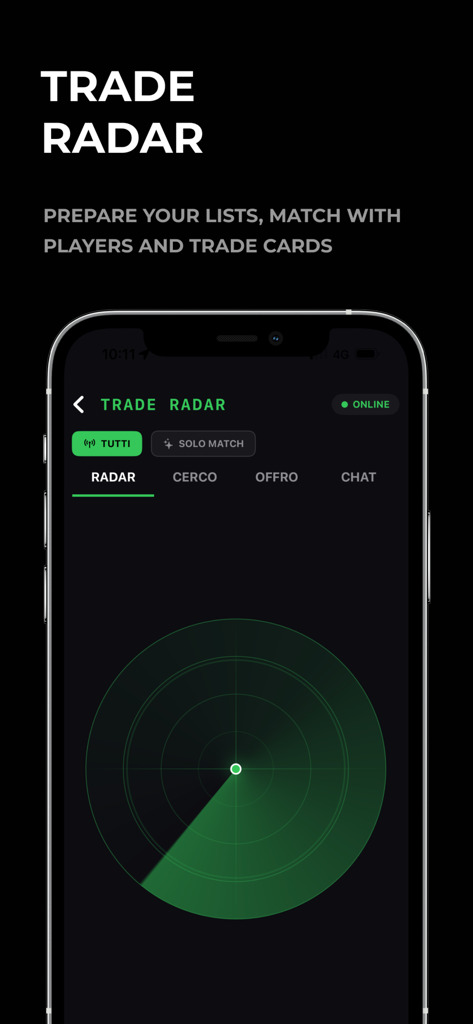 TCG Arena app interface showing the Trade Radar feature for local card trading