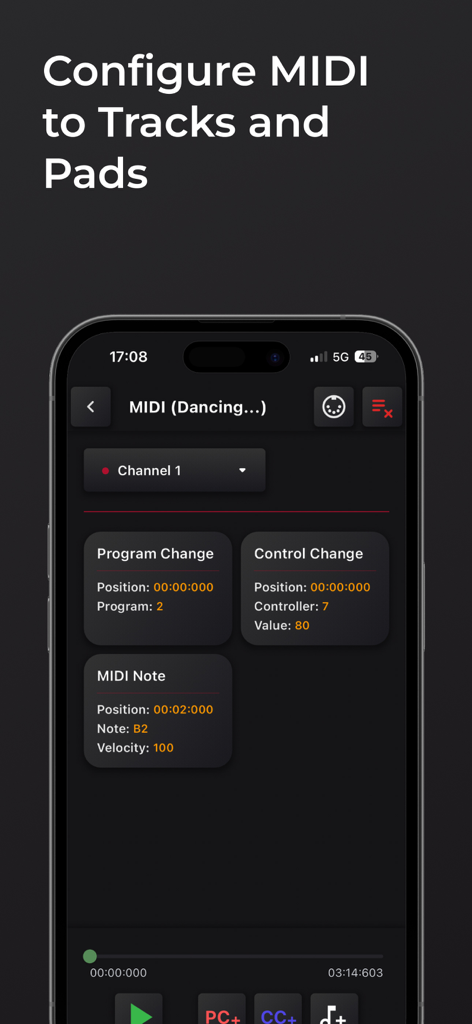 Écran de l'application Easy Performer pour configurer les commandes MIDI sur les pistes et les pads, y compris les paramètres de changement de programme et de contrôle.
