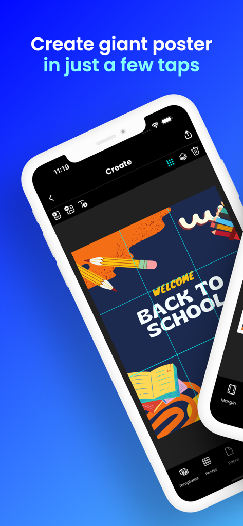 Docuslice app interface showing a back to school poster divided into a grid for large scale tiled printing