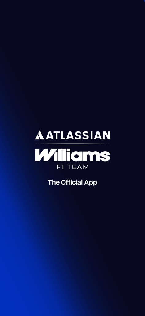 Official splash screen of the Williams F1 Team app featuring the team logo and Atlassian sponsorship on a dark blue background.