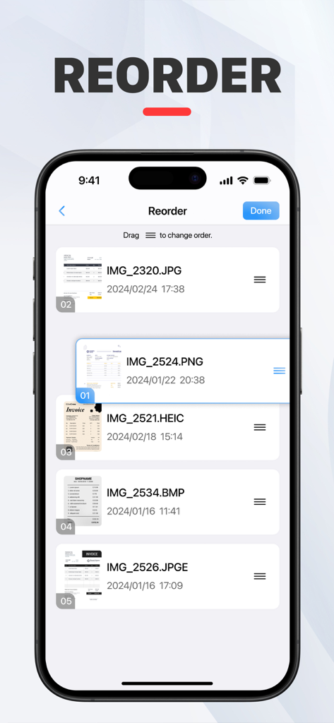 PDF Converter Image to PDF - Tela do aplicativo móvel mostrando como reordenar vários arquivos de imagem antes de convertê-los em um documento PDF