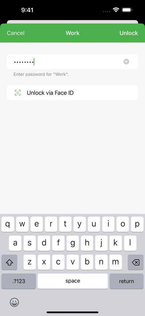 Cryptomator vault unlock screen showing password field and Face ID option on iOS