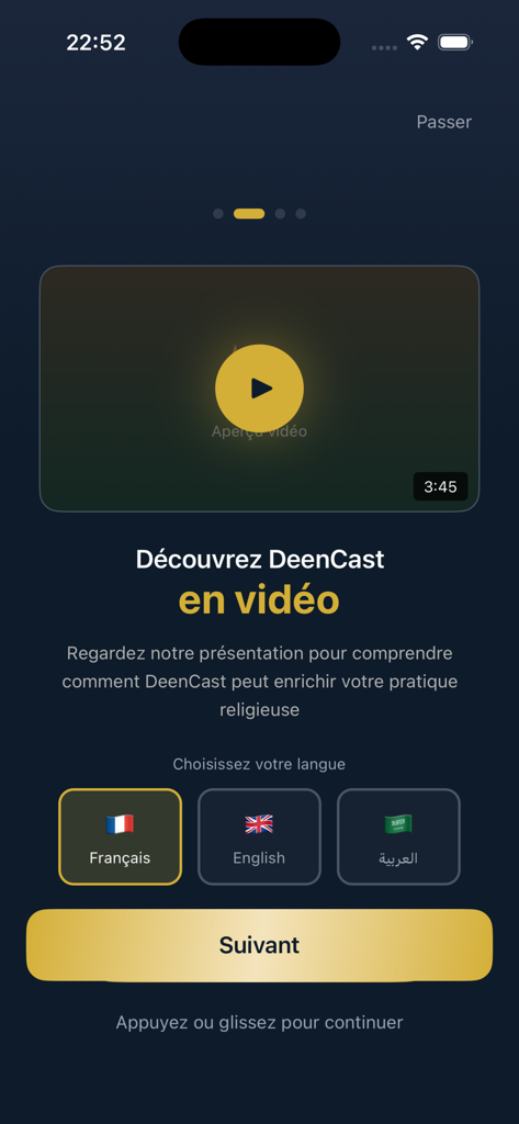 DeenCast - DeenCast app onboarding screen with a video introduction and language options for French English and Arabic