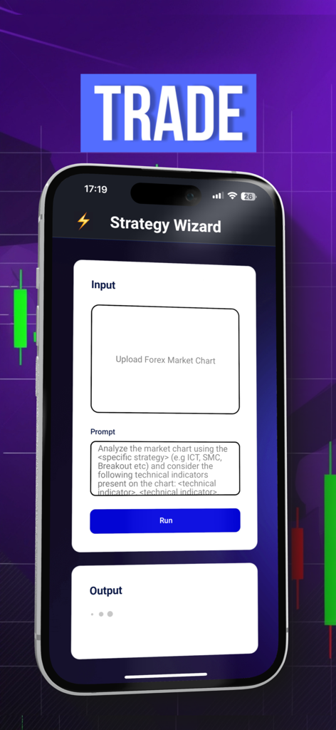 Forex Wizard - Interface of the Forex Wizard app showing AI strategy input and chart upload feature