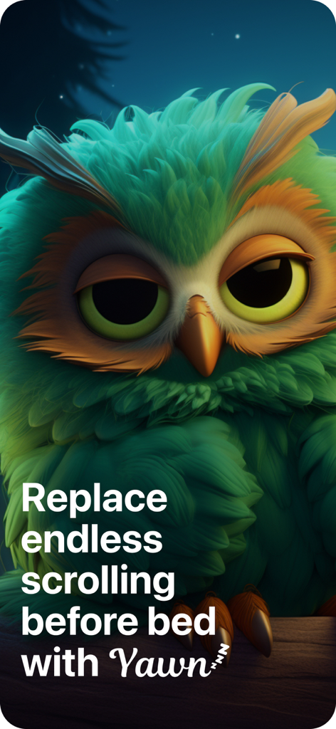 Yawn: Sleep Sounds, Audiobooks - Mascote coruja verde sonolenta para tela promocional do aplicativo Yawn Sleep Sounds