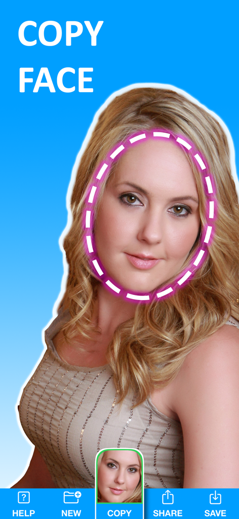 Copy Replace Photo Face Swap - Interface do aplicativo Copy Replace Photo Face Swap mostrando o rosto de uma mulher destacado com uma ferramenta de seleção rosa tracejada