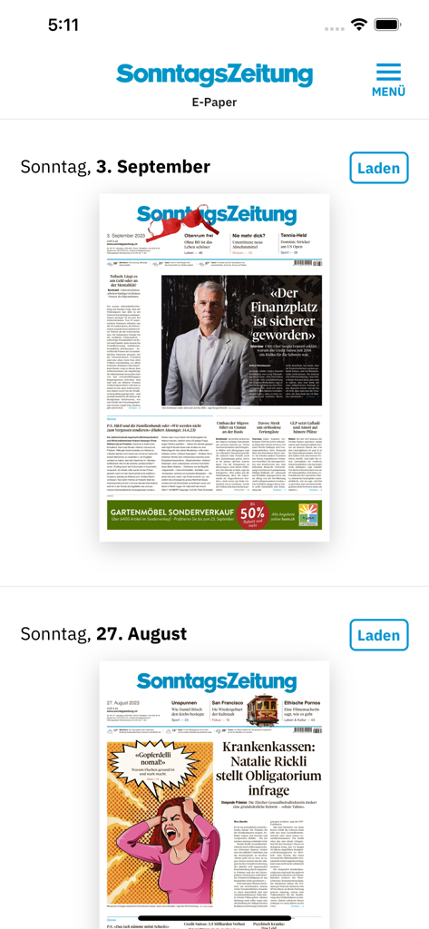 SonntagsZeitung E-Paper app showing a list of downloadable Sunday newspaper editions