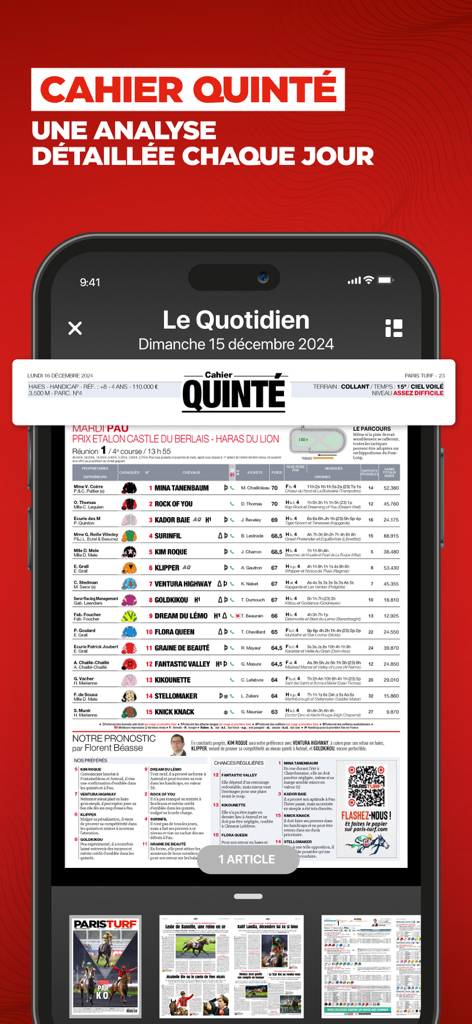 App mobile Paris Turf che mostra un'analisi dettagliata giornaliera delle corse di cavalli e una tabella di previsioni.