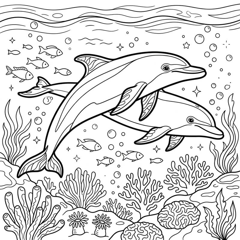 Embark on an exciting underwater journey with this delightful coloring page featuring two friendly dolphins. Surrounded by a vibrant coral reef and curious fish, it's perfect for young ocean explorers aged 4-8.