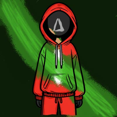 faceless girl in a tracksuit with a hood on and no hair