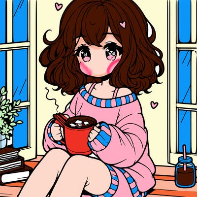 cute anime girl reading book and drinking hot chocolate from mug with loose wavy hair wearing a baggy sweatshirt and shorts sitting by windowsill looking out