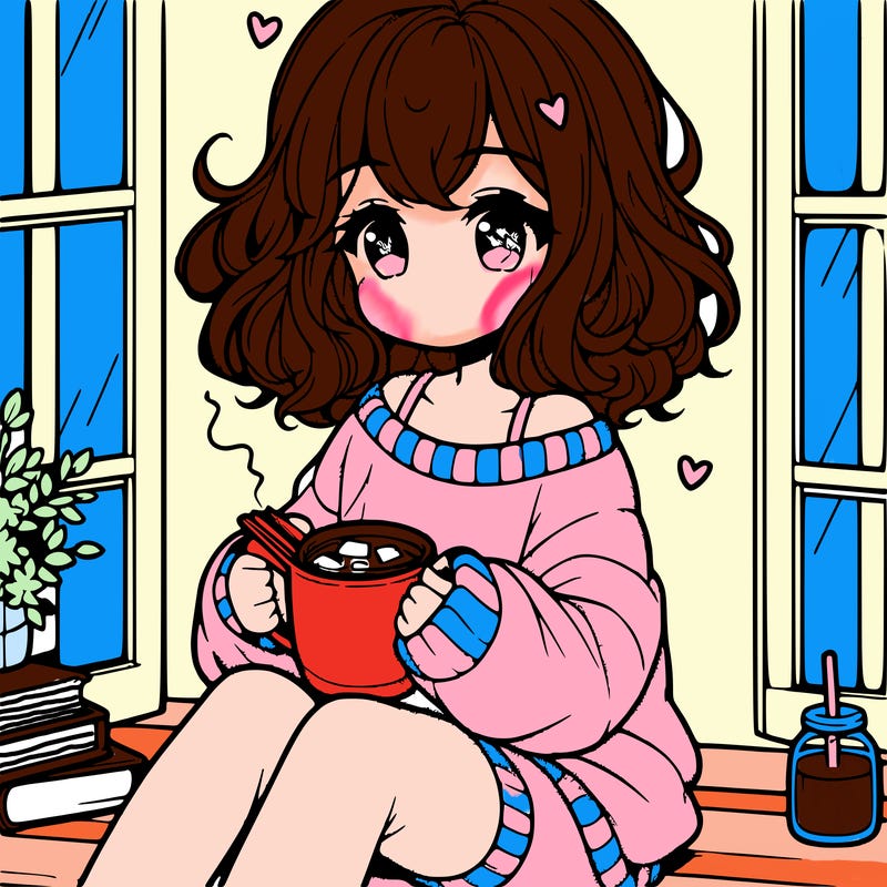 cute anime girl reading book and drinking hot chocolate from mug with loose wavy hair wearing a baggy sweatshirt and shorts sitting by windowsill looking out