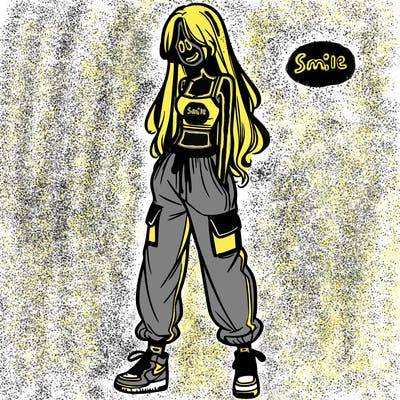 girl in baggy pants crop top and long hair