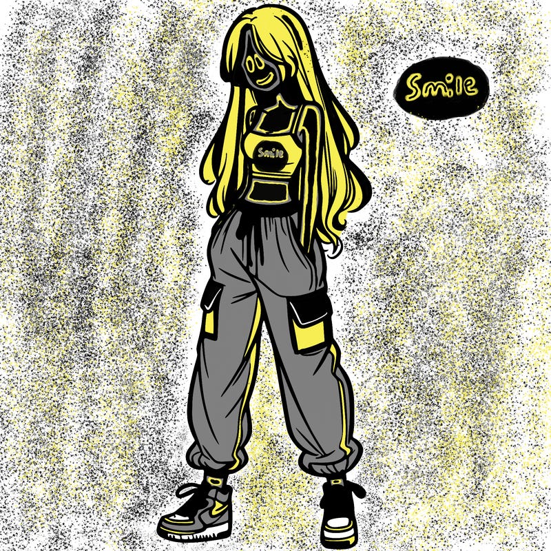 girl in baggy pants crop top and long hair