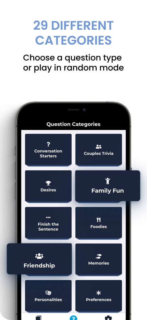 Sparks - Couple Questions App - Mobile screen showing various question categories in the Sparks app such as Conversation Starters and Couples Trivia