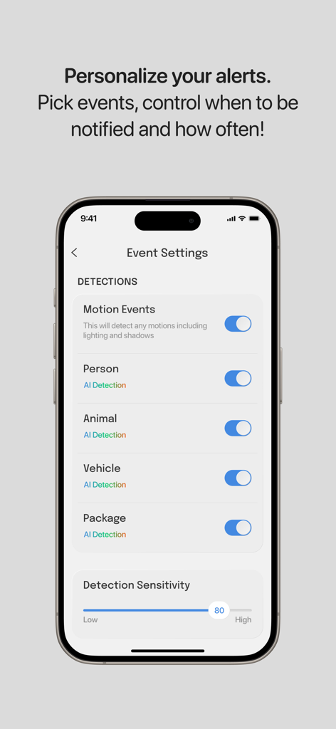 InstaVision: Smart & Safe Home - Interfaz de la aplicación InstaVision que muestra la configuración de eventos con interruptores de detección de IA para alertas de personas, animales, vehículos y paquetes.