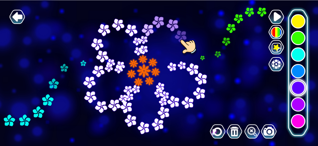 Glowing neon flower drawing interface in Kids Doodle Drawing app
