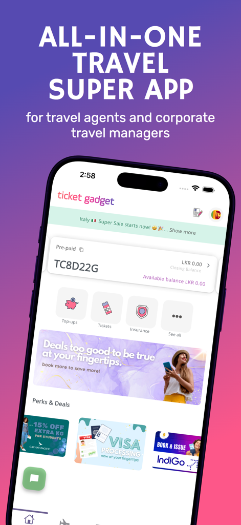 Ticket Gadget - Ticket Gadget app home screen for travel agents and corporate travel managers.