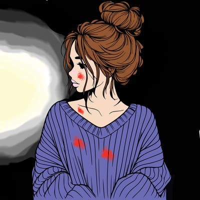 realistic girl wearing a messy bun and an oversized sweater