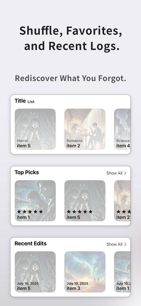Screenshot of Filmio app interface showing top picks with ratings and a recent logs section for tracked movies and anime