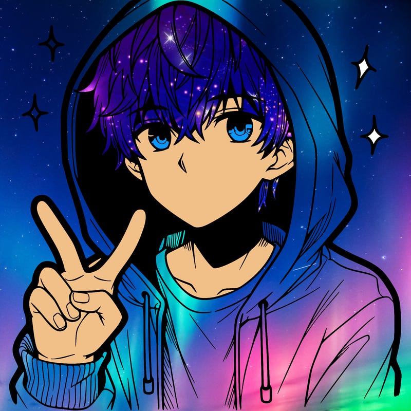 teenage manga boy in a hoodie, doing ✌