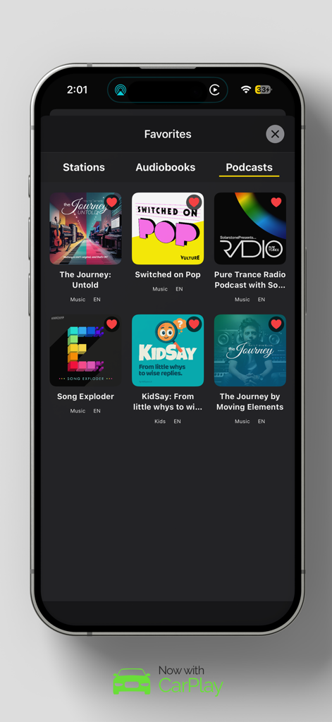 Radio Mania (Sound Hub) - Pantalla de podcasts favoritos en la aplicación Radio Mania con soporte para CarPlay.