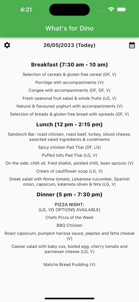 What's for Dino - Daily dining hall menu screen on the What's for Dino app showing breakfast lunch and dinner options with dietary tags