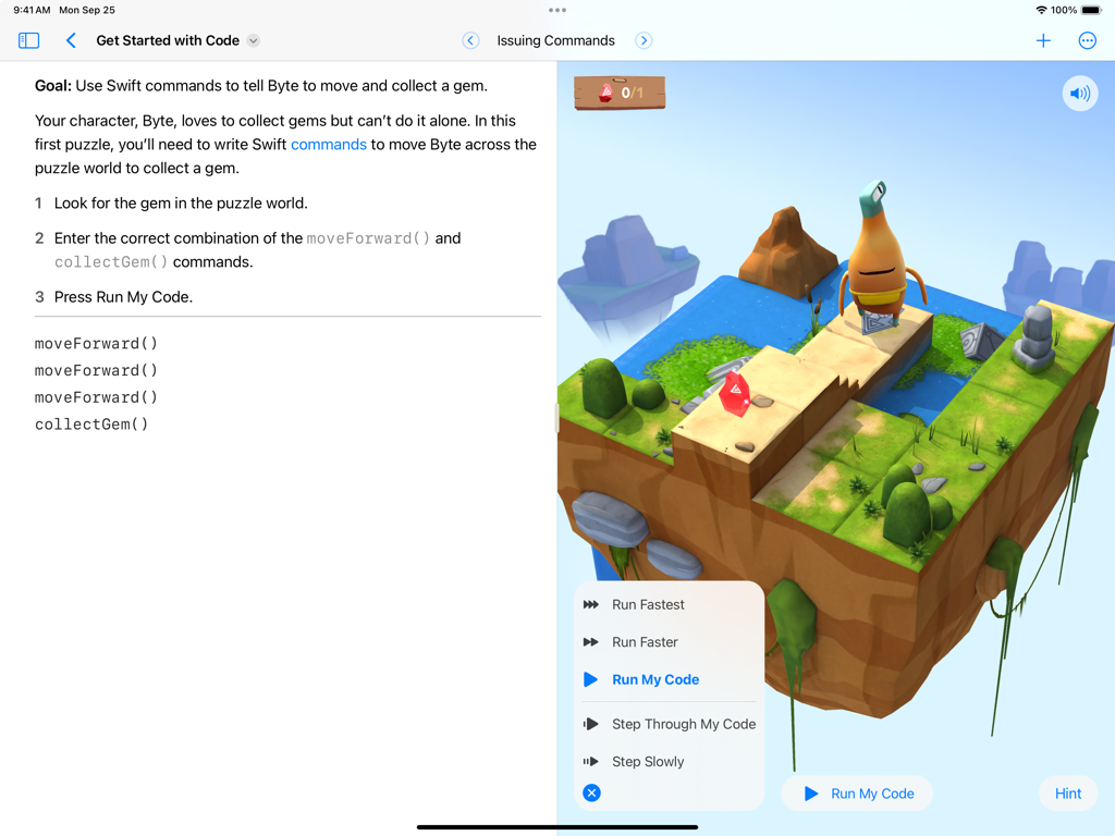 Swift Playgrounds iPad interface showing a 3D coding puzzle with the character Byte and Swift code editor
