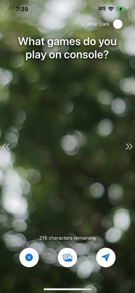 Whisper Secrets - Interface of the Whisper Secrets app showing a post creation screen with an anonymous question over a blurred nature background