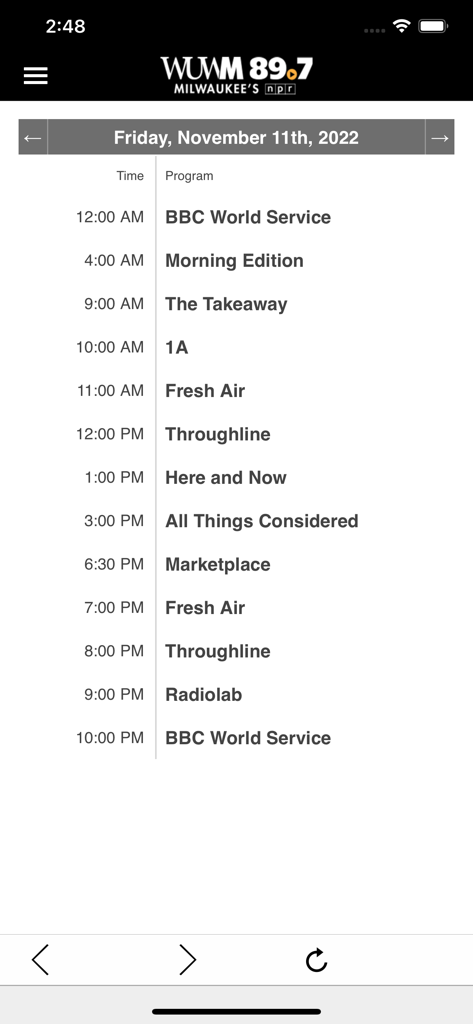 WUWM Milwaukee’s NPR - WUWM Milwaukee NPR app program schedule showing daily radio shows and broadcast times