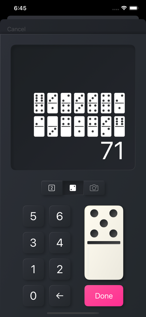 Dominotes - Dominotes app screen showing manual domino tile input and a total point count of 71